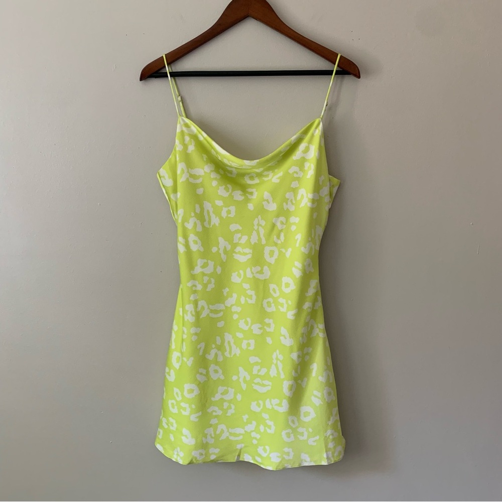 Cotton Candy LA Line Green Leopard Print Satin Cowl Neck Mini Dress Large